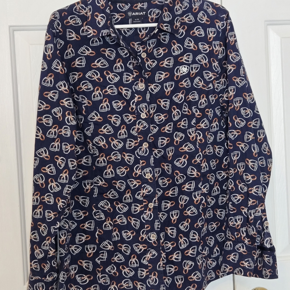 Ariat Womens Blue Western Button Down Stirrups Saddle Horse Riding Shirt Size L